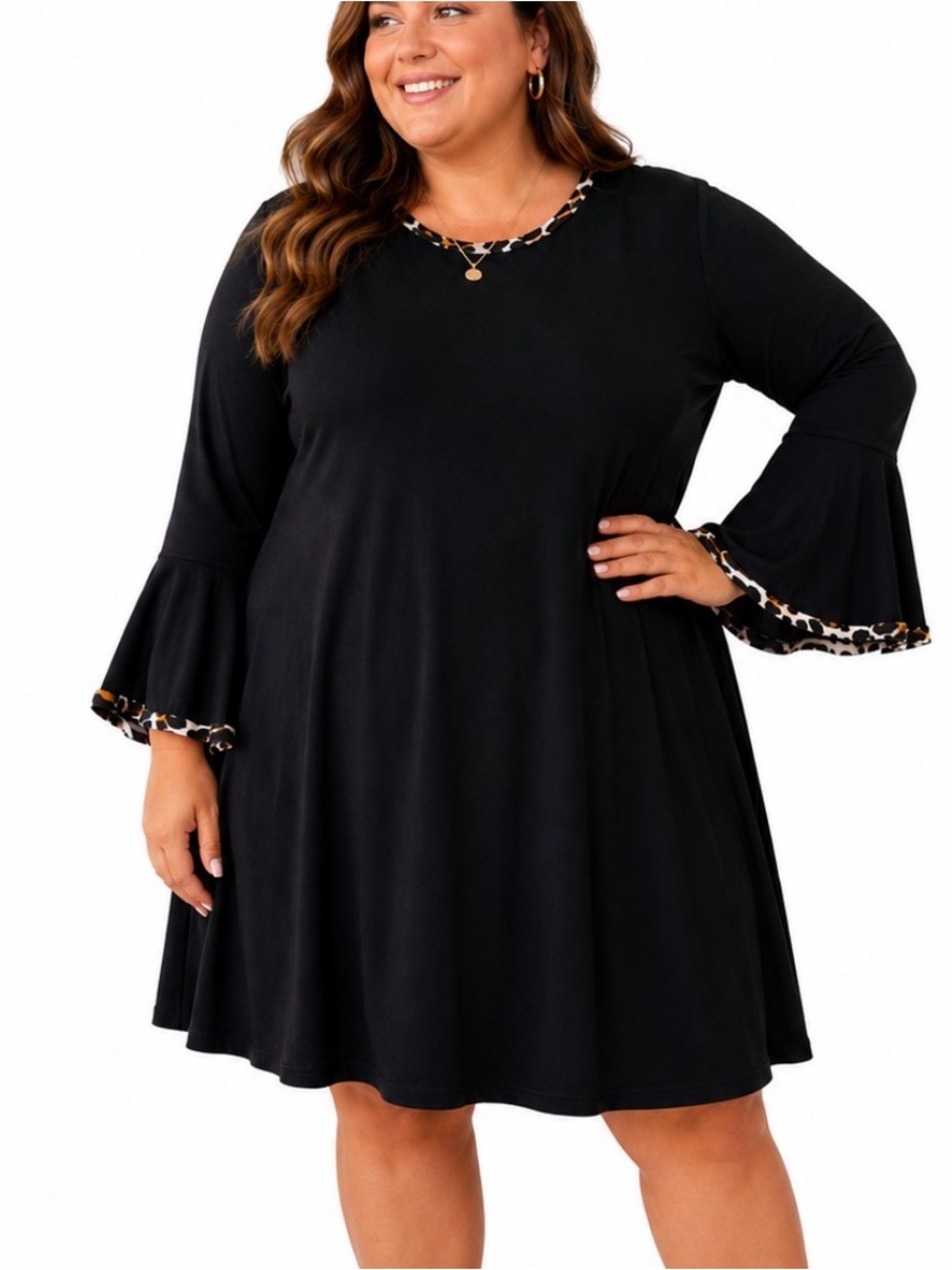 Roz & Ali Black Bell-Sleeve Dress with Animal Trim spandex stretch SZ L slinky